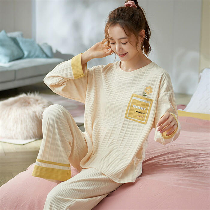 パジャマ ルームウェア レディース ロングパンツ 長袖 上下セット ストラップ柄 イエロー 部屋着 寝間着 綿 大きいサイズ 春秋 ゆったり 女性 長袖ルームウェア カジュアル ナイトウエア 寝巻き トップス ボトムス 韓国風 20代30代40代50代 ホームウェア