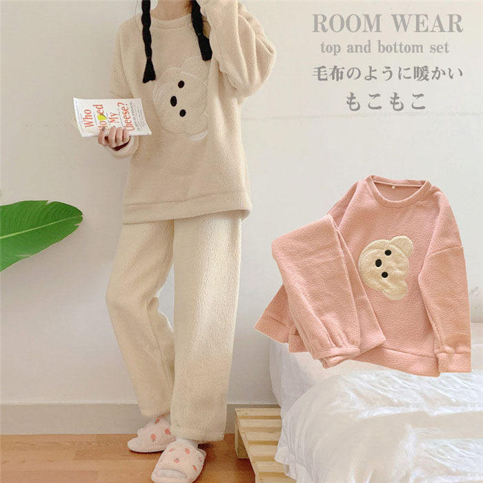 Rakuten - 【SALE10%OFF&5倍ポイント】ルームウェア レディース かわいい 長袖パジャマ 冬 プルオーバー もこもこ 起毛 暖かい セットアップ トップス パンツ 2点セット 大きいサイズ 部屋着 寝間着 ラウンドネック ウエストゴム