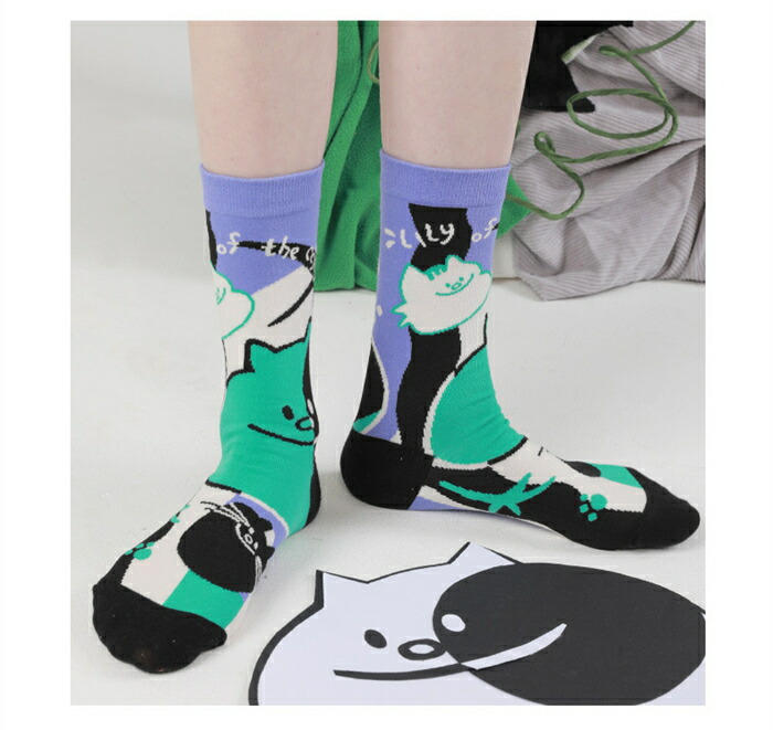【Fashion SALE20％OFF】レディース 靴下 純綿 女性 3足組 脱げない靴下 コットン ハイソックス クルーソックス 冬 かわいい 通気性抜群 冬 保温 通気 吸湿 抗菌 防臭 ミドル丈 フットウエア 猫 ねこ(4.0)