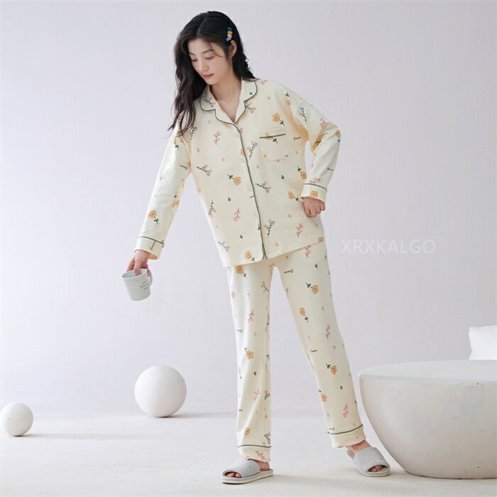 【SALE10%OFF&5倍ポイント】ルームウェア レディース カップ付き 可愛い 綿100% 長袖 上下セット 春秋夏 セットアップ 2点セット ゆったり パジャマ 部屋着 寝巻き カットソー 前開き 長ズボン 冷房対策 カジュアル ganbareganbare-10007937 つげ村shop サンプル画像3