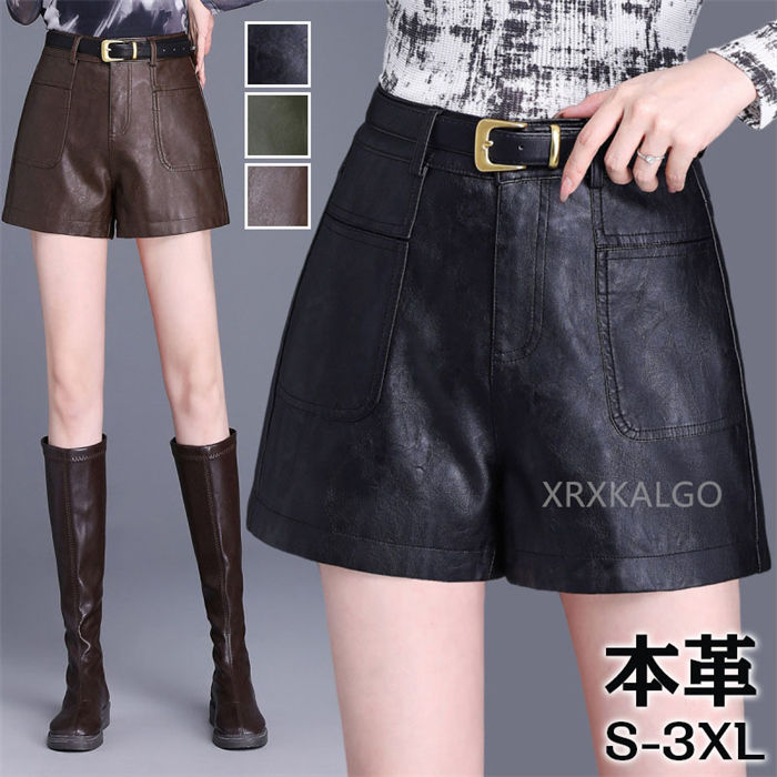 Leather - ショートパンツ レディース 短パン 本革 ラムレザーパンツ 着痩せ革パンツ ゆったり ヒップアップ ハイウエスト ワイド レッグ シープ スキン オールマッチ アウター パンツ 大きいサイズ ビッグサイズ トレンド おしゃれ 羊革 送料無料 プレゼント S/M/L/XL/2XL/3XL