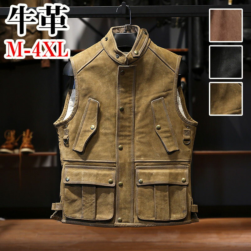 Leather - 【SALE★20％OFF】レザーベスト 本革 ベスト メンズ 牛革 本革 革ジャン 大きいサイズ ジレベスト ベスト 前開き チョッキ バイク用ベスト 皮ベスト 通勤 カジュアル フォーマル プレゼント ギフト 新生活メンズファッション M〜4XL
