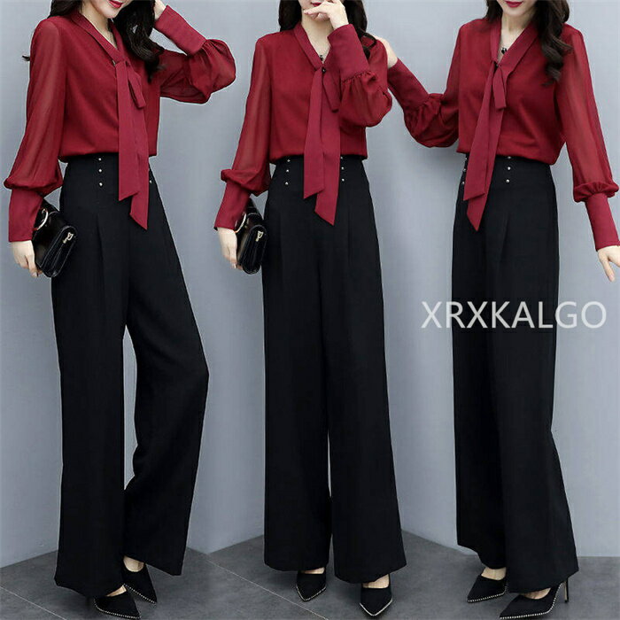 パンツドレス シフォン 2点セット セットアップ レディース Uネック 長袖 サイドポケット 体型カバー キレイめ 着痩せ 上品 M/L/XL/2XL/3XLサ...