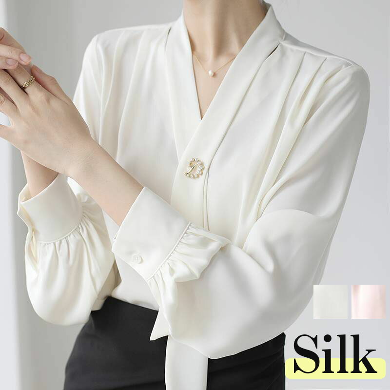 乐天商城 - 【SALE10%OFF&5倍ポイント】ブラウス 長袖 オフィス シルク レディース フォーマル 透けない シャツ エレガント 無地 絹 トップス インナー オフィス シンプル シルク100% 通勤 洗練 テーラードシャツ ol 事務 制服 事務服 プレゼント ギフト 送料無料 入学式 母の日