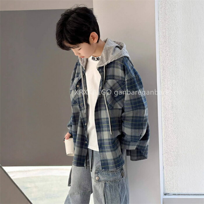 Long-Sleeved - 子供シャツ 長袖シャツ キッズ チェックシャツ トップス 子供服 キッズ 男の子 長袖 シャツジャケット フード付き 前開き イエロー ピンク 春秋 カジュアルシャツ 普段着 通園 通学 秋 春物 スウェット 通気 吸汗 トップス 綿100％ boy 100 110 120 130 140 150 160 170