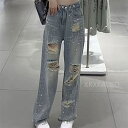 ワイドパンツ デニム テンセル 涼しい 体型カバー レディースパンツ キラキラ カーブパンツ ダメージ 春 夏 秋 疲れない カジュアル ゆったり ブラック ブルー ホワイト S M L XL 春夏服装|詳細画像