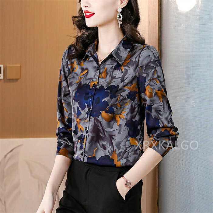 【SALE10%OFF&5倍ポイント】【シルク100%】シルクシャツ ブラウス 長袖 シルクシャツ オシャレ レディースシャツ 折り襟 花柄 滑らか カジュアル 春秋 トップス インナー 大人 通勤 OL フォーマル 入園式 入学式 母の日 30代 40代 50代 プレゼント ギフト ganbareganbare-10014382 つげ村shop サンプル画像2