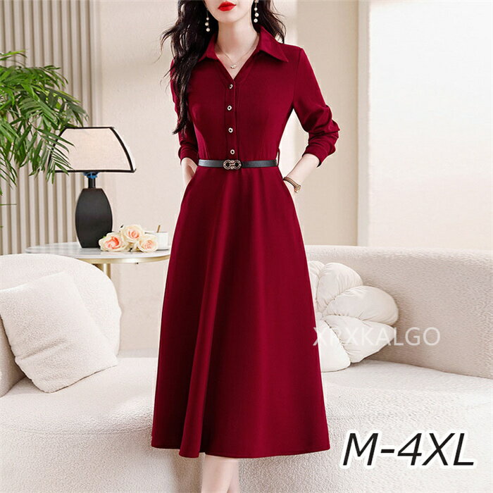 ワンピース 秋 きれいめ レディース 大きいサイズ カジュアル 折り襟 ベルド付き きれいめ 春秋 長袖 レッド フリル 無地 30代 40代 50代 母の日 ...
