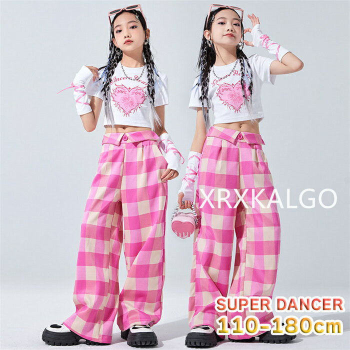 乐天商城 - 【SALE10%OFF&5倍ポイント】ダンス衣装 キッズ セットアップ ガールズ ヒップホップ K-POP 韓国 衣装 チアダンス ヘソ出し トップス パンツ チェック柄 ダンスウェア衣装 半袖 イベント 単品販売 セット販売
