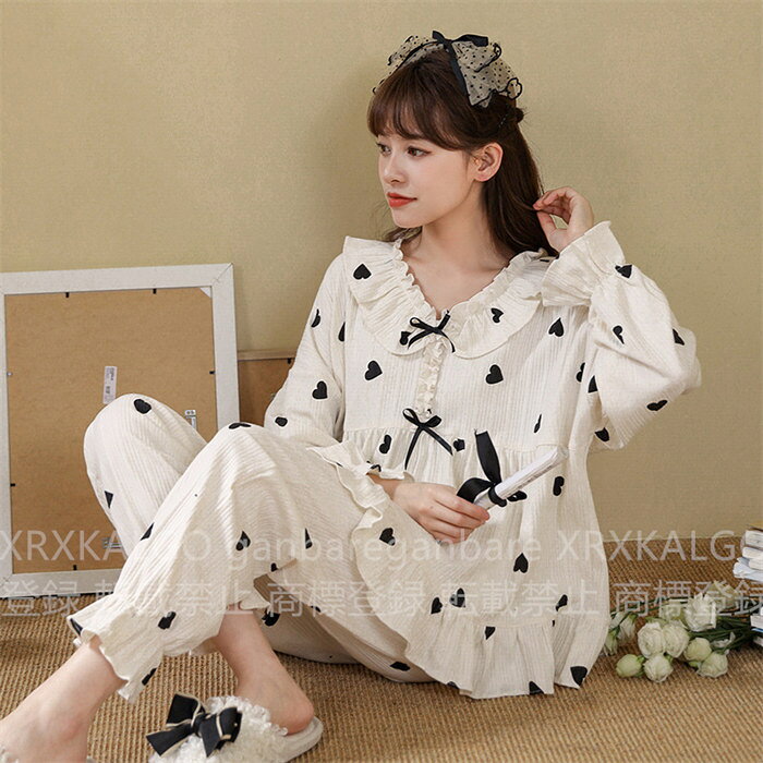 【楽天スーパーSALE 20%OFF】ルームウェア レディース 可愛い 長袖 2点 上下セット 春秋夏 パンツ トップス セットアップ ハート ホワイト ゆったり パジャマ 部屋着 寝巻き 綿混紡 長ズボン 冷房対策 お姫様