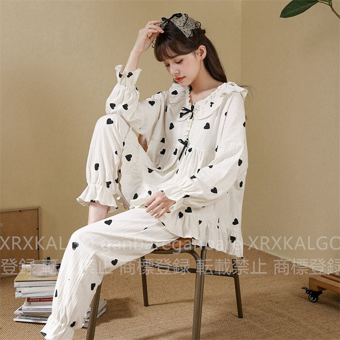 【楽天スーパーSALE 20%OFF】ルームウェア レディース 可愛い 長袖 2点 上下セット 春秋夏 パンツ トップス セットアップ ハート ホワイト ゆったり パジャマ 部屋着 寝巻き 綿混紡 長ズボン 冷房対策 お姫様