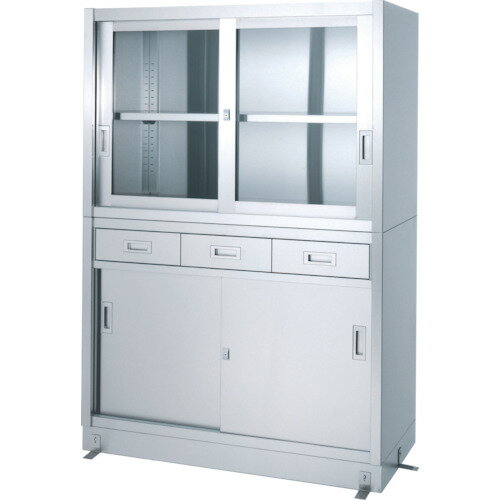 [保管庫（ステンレス製（SUS430））]【送料無料】シンコー ステンレス保管庫 二段式ベース付 VDG型 （引出・上ガラス戸・下ステンレス戸） 1500×600×1750 1台【代引不可】【北海道・沖縄送別】【smtb-KD】【法人のみ】