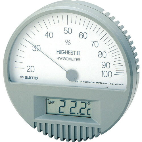 【特長】●湿度センサーに毛髪、温度センサーにサーミスタを採用して高信頼性を目指してつくられた温湿度計です。【用途】●環境実験室、薬品保管庫、半導体、LSIの生産工場など。【仕様】●測定温度範囲(℃)：0〜50●温度最小表示(℃)：0.1●測定湿度範囲(%RH)：20〜100●湿度最小表示(%RH)：2●電源(V)：単3乾電池(R6P)×1本(付属)●測定項目：温度、湿度●電源：単3乾電池(R6P)×1本(付属)●測定精度：±1℃(0〜40℃、その他は±2℃)/±4%RH(at15〜25℃、40〜80%RH)【仕様2】●直径×厚さ：135×33mm【原産国（名称）】日本【質量】230.000【質量単位】G【JANコード】4974425323302【メーカー名】（株）佐藤計量器製作所【関連キーワード：ものづくりのがんばり屋楽天市場店　生産加工用品　計測機器　温度計・湿度計　温湿度計　工場　作業現場　DIY　施設　学校　会社　オフィス　強力　強い　簡単　便利　ツール　道具　工具　本格　産業用機器　メンテナンス　修理　本格　プロ　業者　業務用　家庭用　店舗用　設備機器　食品工場　厨房　キッチン　環境　調査　高性能　測定　計る　図る　測る　正確　コンパクト　スリム　小型　使いやすい　見やすい　わかりやすい　サーモメーター　THERMO-HYGROMETERS】
