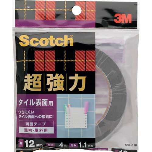 ■[汎用両面テープ（強力タイプ）]スリーエム ジャパン（株）ホームインプルーブメント販売部 3M スコッチ 超強力両面テープ タイル表面用 12mm×4m SST-12R 1巻【389-4484】【代引不可商品】【メール便1個まで対象商品】