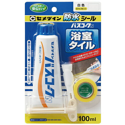 【特長】●耐水、耐熱、耐候性に優れたシーリング材です。●カビが生えにくい防カビ剤入りです。●プラスチックへの密着性に優れます。●ポリカーボネート、アクリルにも使用できます。●においが少ない低臭タイプです。【用途】●浴室、洗面台、タイルのすきま防水シールに。【仕様】●色：ホワイト●容量(ml)：100●容量(L)：0.1●防カビタイプ：〇●JIS規格：×【仕様2】●標準使用量：1.8m/50mmチューブ（幅5mm×深さ5mm目地の場合）●チューブタイプ【材質／仕上】●主成分：シリコーン樹脂【セット内容／付属品】●マスキングテープ●ノズル●ヘラ●絞り器【原産国（名称）】日本【質量】180.000【質量単位】G【JANコード】4901761385992【メーカー名】セメダイン（株）【関連キーワード：ものづくりのがんばり屋楽天市場店　接着剤　補修剤　業務用　建築用シーリング材　シーリング　シール剤　シール材　コーキング剤　コーキング材　内装　壁　床　目地　水回り　施工　シーラント　DIY　ホビー　工作　SEALING　FOR　BUILDING】
