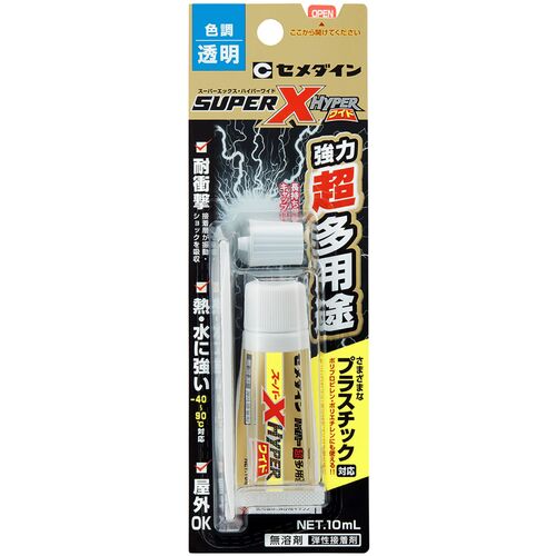 【特長】●超多用途でつきにくいプラスチックにも使用できます。●超多用途・速硬化・ショックに強くハガレにくい接着剤です。●硬化後透明タイプです。●熱・水に強く(-40〜90℃)屋外にも使用できます。●タレにくく、垂直面にも使用しやすいです。●肉やせがなく、いやなニオイも少ないです。●柔らかい素材の柔軟性を失いません。●日本接着剤工業会 JAIAF☆☆☆☆規格品です。●超多用途・無溶剤・弾性接着剤のスーパーXシリーズです。【用途】●金属、硬質プラスチック(PP・PE含む)、合成ゴムの接着に。●皮革、布、木材、コンクリート、タイル、陶磁器、石材、ガラスの接着に。●発泡スチロール、塩化ビニル(軟質・硬質)の接着に。●※接着できないもの:フッ素樹脂、ポリアセタール等。●多用途を超えた超多用途！従来の接着剤ではつきにくかった素材にも使用でき、趣味や手芸、日曜大工に幅広く使用できます。【仕様】●色：クリア●容量(ml)：10●容量(L)：0.01●使用温度範囲(℃)：-40〜90【仕様2】●チューブタイプ●スーパーXシリーズ●2025.3頃より、中箱廃止しシュリンクパック包装へ変更。出荷単位10→5本へ。【材質／仕上】●主成分：変成シリコーン樹脂【原産国（名称）】日本【質量】33.000【質量単位】G【JANコード】4901761511223【メーカー名】セメダイン（株）【関連キーワード：ものづくりのがんばり屋楽天市場店　接着剤 補修剤　ボンド　糊　接着剤1液タイプ　強力　DIY　ホビー　工作　本格　プロ　素人　初心者　業者　ADHESIVES（ONE　COMPONENT　TYPE）】