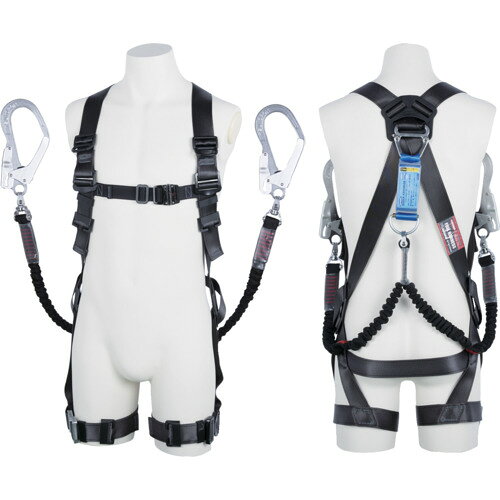 [ハーネス型墜落制止用器具（ベルトなし・ランヤード2本）]藤井電工（株） TSUYORON 黒影ハーネス ツインランヤード付き 伸縮式ノビロン（BK）ダークグレー LLサイズ 130KG対応型 TH5042NV93SVOTDGLL130K2R23- 1本