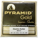 EG-Gold .011-.048 chrome-nickel flatwounds on round core PYRAMID Gold Electric Guitar Chrome Nickel Flat Wound Strings ピラミッド・ストリングスが培ってきた手工業技術を惜しみなく注ぎ込んだ、究極のエレクトリックギター用フラットワウンド弦と呼ぶにふさわしいゲージです。1950〜60年代のブリティッシュロック・サーフサウンド・カントリーetcで愛され、未だに多くのファンを持つ、ブリリアントで暖かみがあり、“twang”と呼び表されるあの力強い音色を響かせます。ピッキングタッチに対する細やかなレスポンスとフィンガーノイズの少なさは、フラットワウンドならでは。よりピュアにより奥深く、音楽を表現したいギタリストにお薦めします。 Gauge : medium orange silk end（.011-.048）