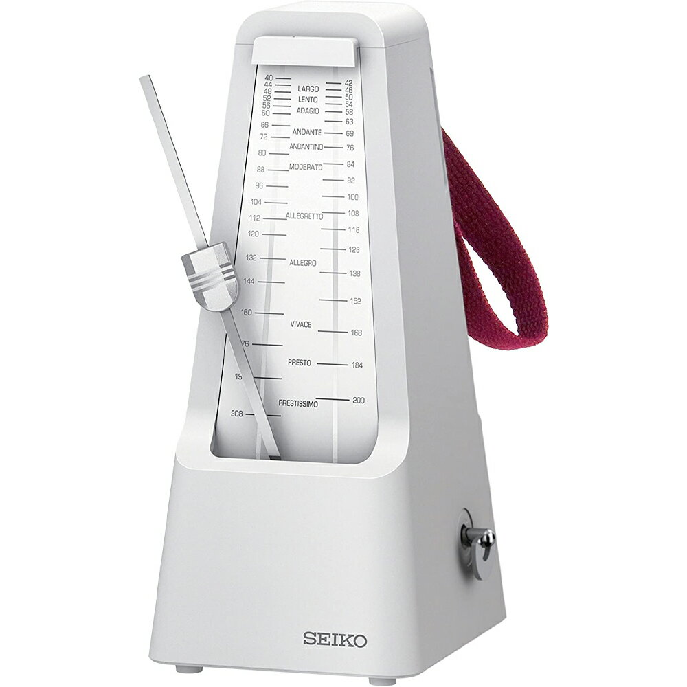 持ち手付きで運びやすいセイコーメトロノーム SPM400 SPM400は、吹奏楽部の指導者・生徒の意見をふんだんに盛り込んだ学校向けにぴったりの振り子メトロノームです。 ・持ち運びに便利な持ち手付きで移動中の落下を防ぎます。 ・どんなシーンでも合うスタイリッシュなデザイン、白と黒のバリエーション ・ケースには落下衝撃に強い素材を使用しています。 ・おもりに（鉛ではなく）黄銅を使用しているので環境にやさしい 特長 ●落下防止 持ち手付きで運びやすい 持ち手を使って運搬することで、教室間の移動など持ち運び時の落下を防ぐことができます。 ●フタが本体背面に収納可能 フタはメトロノーム使用時には本体背面に収納でき、紛失や落下による破損などのトラブルを防止できます。 ●ケースは破損しにくい素材を使用 耐衝撃性向上のために、これまで以上に衝撃に強い素材をフタや外装ケースに採用しました。 ●環境に優しいメトロノーム セイコーメトロノームは錘に鉛ではなく、黄銅を使用しています。 サイズ：87(W)×201(H)×110(D)mm 重量：415g テンポ：40〜208回／分（39ステップ固定） ビート：0,2,3,4,6 拍子 持ち手：持ち手長さ：約115mm ※本体の底ぶたについているストッパーは、メトロノーム使用時には取り外してください。