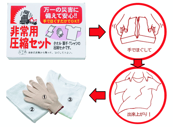 【非常用圧縮セット】非常用圧縮3点セット圧縮軍手 圧縮タオル 圧縮Tシャツ 非常用 防災グッズ 圧縮セット 販促品 景品 ganpon-10000106 防災・防犯の専門shop岩本商事 サンプル画像3