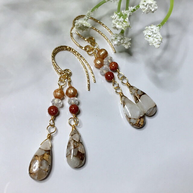 14KGF コッパーカルサイト 15x7mm ロング ドロップピアス イヤリング