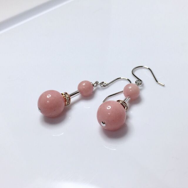 桜ジェイド ピアス イヤリング 10mm 6mm 天然石ピアス　翡翠ピアス　さくら色　ピンク　フックピアス　天然石イヤリング