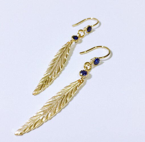 リーフとczサファイヤカラーフックピアス