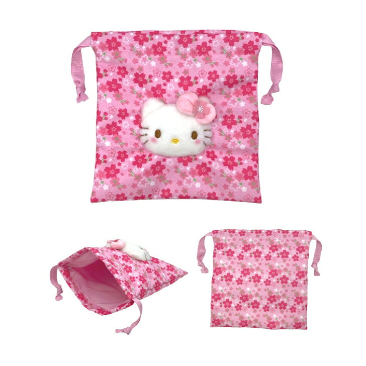 サンリオキャラクター フェイス巾着 ハローキティ ボアフェイス巾着 桜着物 サンリオ ハンギョドン ポチャッコ シナモンロール ボアフェイス巾着 小物入れ ハローキティ H18xW18xD3cm