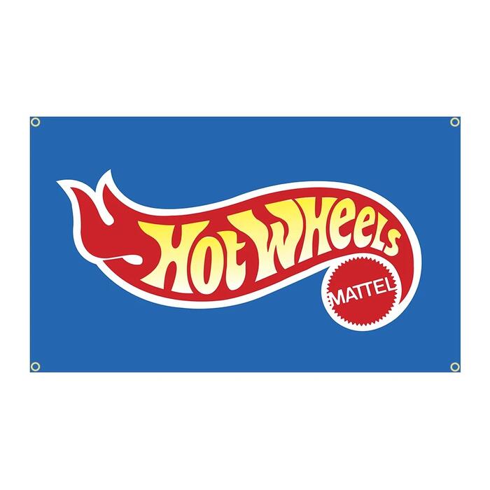 Rakuten - ガレージ系 特大フラッグ 「ホットウィール・ブルー」サイズ 約90cm×60cm タペストリー 片面プリント ポリエステル素材 ハトメ付き 部屋の壁や店舗装飾に 秘密基地 模様替え 男前インテリアにも◎
