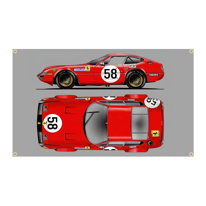 ガレージ系 特大フラッグ 「フェラーリ・イラスト」サイズ 約150cm×90cm タペストリー バナー 片面プリント ポリエステル素材 ハトメ付き 部屋の壁や店舗装飾に 秘密基地 模様替え 男前インテリアにも◎