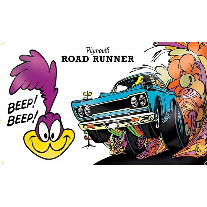Rakuten - ガレージ系 特大フラッグ 「Plymouth・ロードランナー」サイズ約150cm×90cm タペストリー 片面プリント ポリエステル素材 ハトメ付き 部屋の壁や店舗装飾に 秘密基地 男前インテリアにも◎