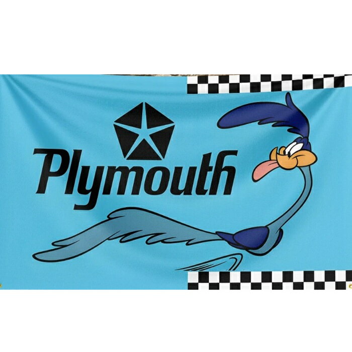 ガレージ系 特大フラッグ 「ロードランナー・ブルーチェッカー」サイズ約150cm×90cm タペストリー 片面プリント ポリエステル素材 ハトメ付き 部屋の壁や店舗装飾に 秘密基地 男前インテリアにも◎