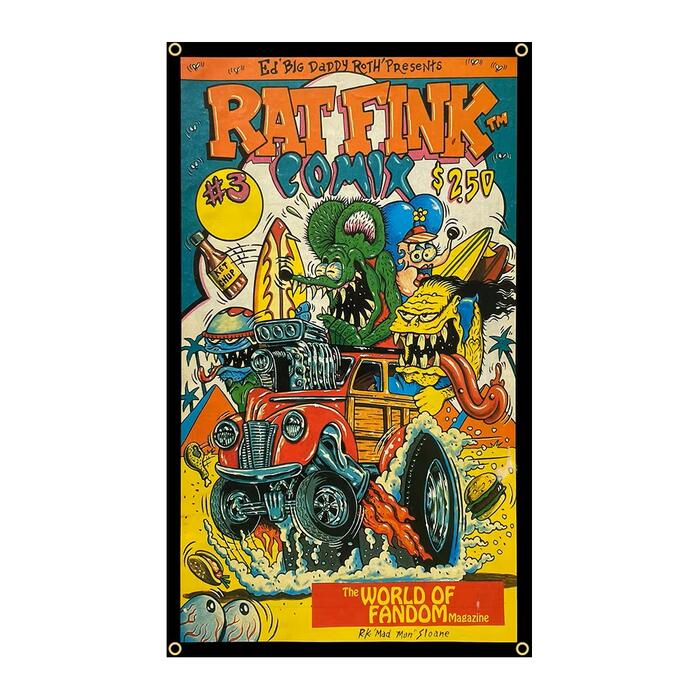 Rakuten - ガレージ系 特大フラッグ 「ラットフィンク・コミック」サイズ 約90cm×60cm タペストリー 片面プリント ポリエステル素材 ハトメ付き 部屋の壁や店舗装飾に 秘密基地 模様替え 男前インテリアにも◎