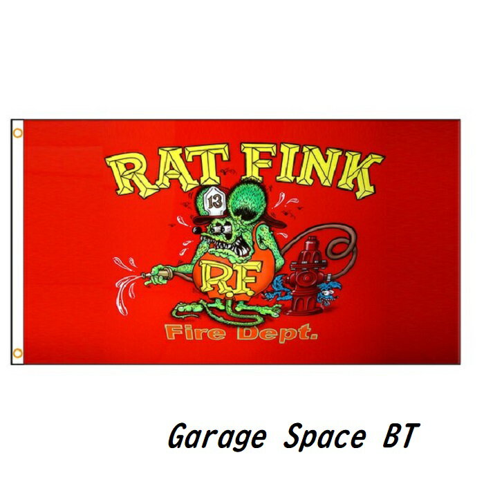 ガレージ系 特大フラッグ 「ラットフィンク・FIRE」サイズ約150cm×90cm タペストリー 片面プリント ポリエステル素材 ハトメ付き 部屋の壁や店舗装飾に 秘密基地 男前インテリアにも◎