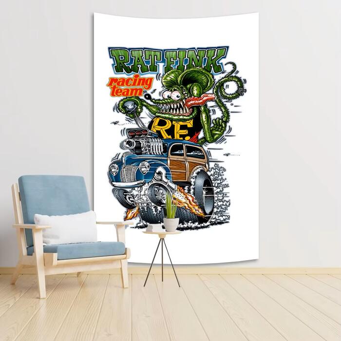 Rakuten - ガレージ系 特大フラッグ 「ラットフィンク・レーシングチーム」サイズ約150cm×90cm タペストリー 片面プリント ポリエステル素材 ハトメ付き 部屋の壁や店舗装飾に 秘密基地 男前インテリアにも◎