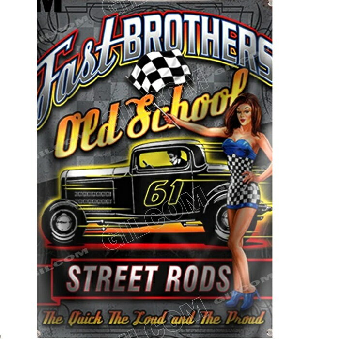 Rakuten - ガレージ系　特大フラッグ 「Fast Brothers・レトロ」サイズ 約150cm×90cm タペストリー バナー 片面プリント ポリエステル素材 ハトメ付き 部屋の壁や店舗装飾に 秘密基地 模様替え 男前インテリアにも◎