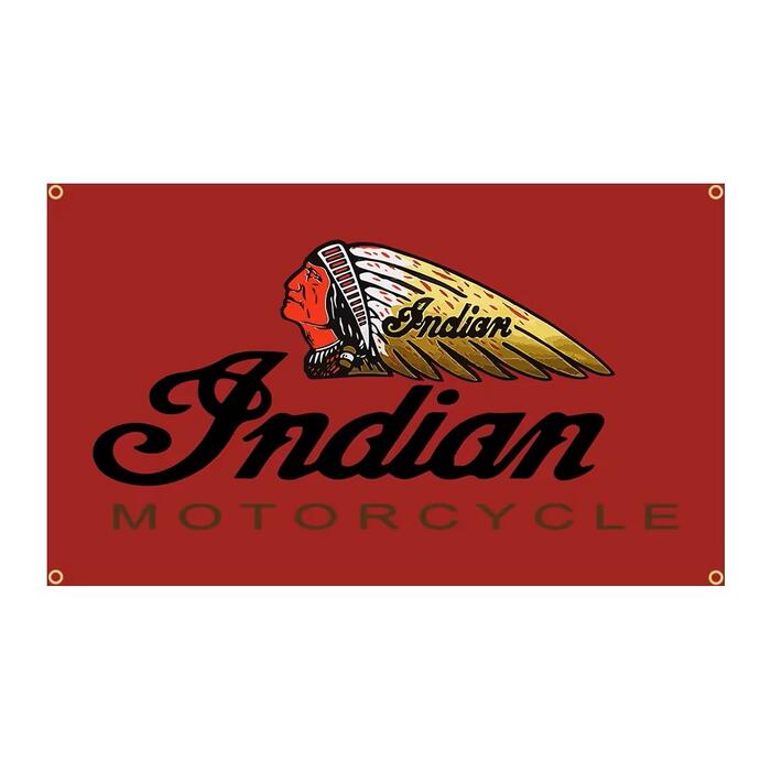 Rakuten - ガレージ系　特大フラッグ 「インディアン・モーター茶」サイズ 約150cm×90cm タペストリー バナー 片面プリント ポリエステル素材 ハトメ付き 部屋の壁や店舗装飾に 秘密基地 模様替え 男前インテリアにも◎