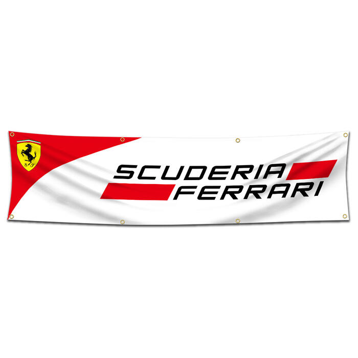 ガレージ系特大フラッグ 「フェラーリ・ホワイト」サイズ約240cm×60cm タペストリー 片面プリント ポリエステル素材 ハトメ付き 部屋の壁や店舗装飾に 秘密基地 男前インテリアにも◎