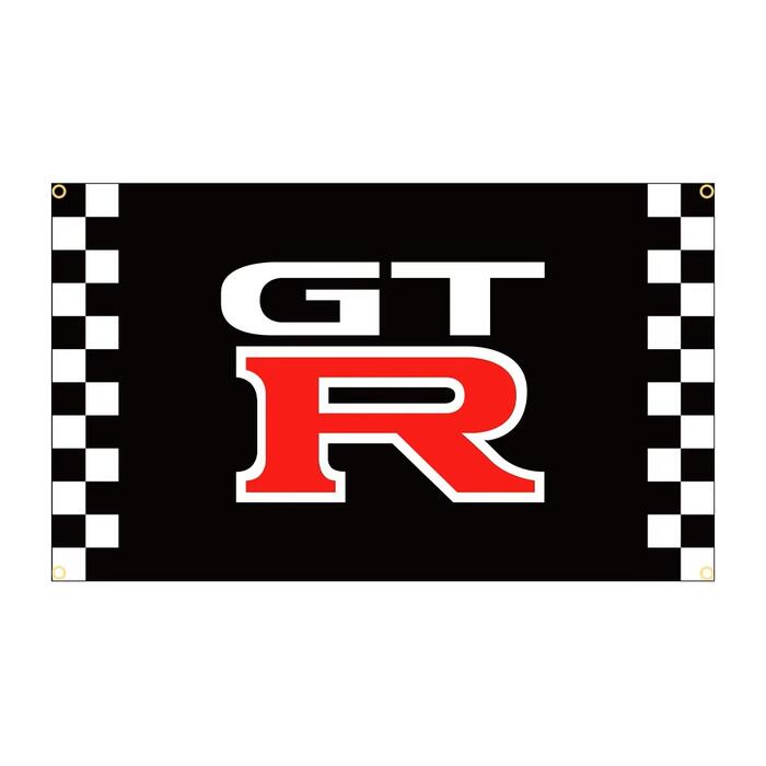 ガレージ系 特大フラッグ 「GT-R・チェッカー」サイズ 約150cm×90cm タペストリー バナー 片面プリント ポリエステル素材 ハトメ付き 部屋の壁や店舗装飾に 秘密基地 模様替え 男前インテリアにも◎