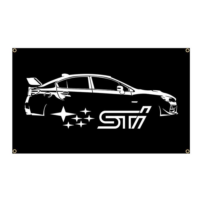 Rakuten - ガレージ系　特大フラッグ 「スバル・STIイラスト」サイズ 約150cm×90cm タペストリー バナー 片面プリント ポリエステル素材 ハトメ付き 部屋の壁や店舗装飾に 秘密基地 模様替え 男前インテリアにも◎