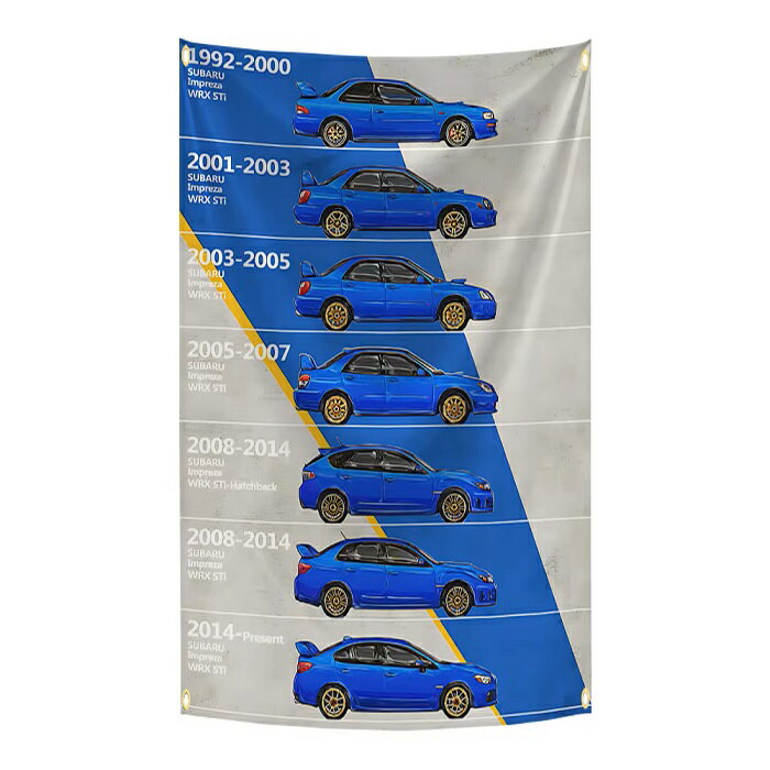 ガレージ系 特大フラッグ 「スバル・インプレッサ歴代イラスト」サイズ 約150cm×90cm タペストリー 片面プリント ポリエステル素材 ハトメ付き 部屋の壁や店舗装飾に 秘密基地 模様替え 男前インテリアにも◎