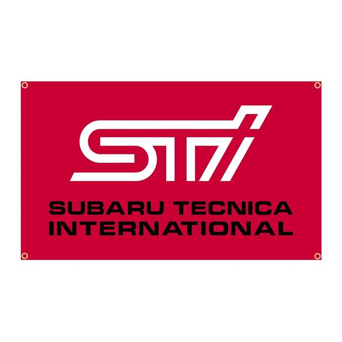 Rakuten - ガレージ 系特大フラッグ 「スバルSTI・レッド」サイズ 約150cm×90cm タペストリー バナー 片面プリント ポリエステル素材 ハトメ付き 部屋の壁や店舗装飾に 秘密基地 模様替え 男前インテリアにも◎