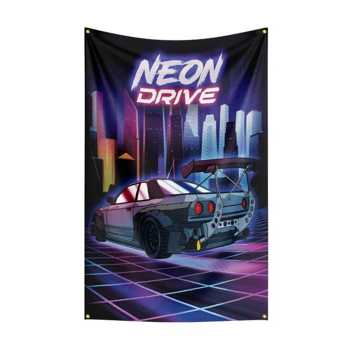ガレージ系　特大フラッグ 「GT-R・ネオンドライブ」サイズ 約150cm×90cm タペストリー バナー 片面プリント ポリエステル素材 ハトメ付き 部屋の壁や店舗装飾に 秘密基地 模様替え 男前インテリアにも◎