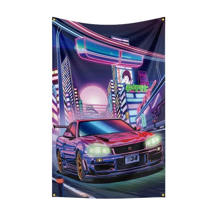 Rakuten - ガレージ系　特大フラッグ 「GT-R・ネオンシティ」サイズ 約150cm×90cm タペストリー バナー 片面プリント ポリエステル素材 ハトメ付き 部屋の壁や店舗装飾に 秘密基地 模様替え 男前インテリアにも◎