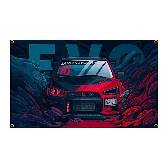 Rakuten - ガレージ系　特大フラッグ 「ミツビシ・ランエボイラスト」サイズ 約150cm×90cm タペストリー バナー 片面プリント ポリエステル素材 ハトメ付き 部屋の壁や店舗装飾に 秘密基地 模様替え 男前インテリアにも◎