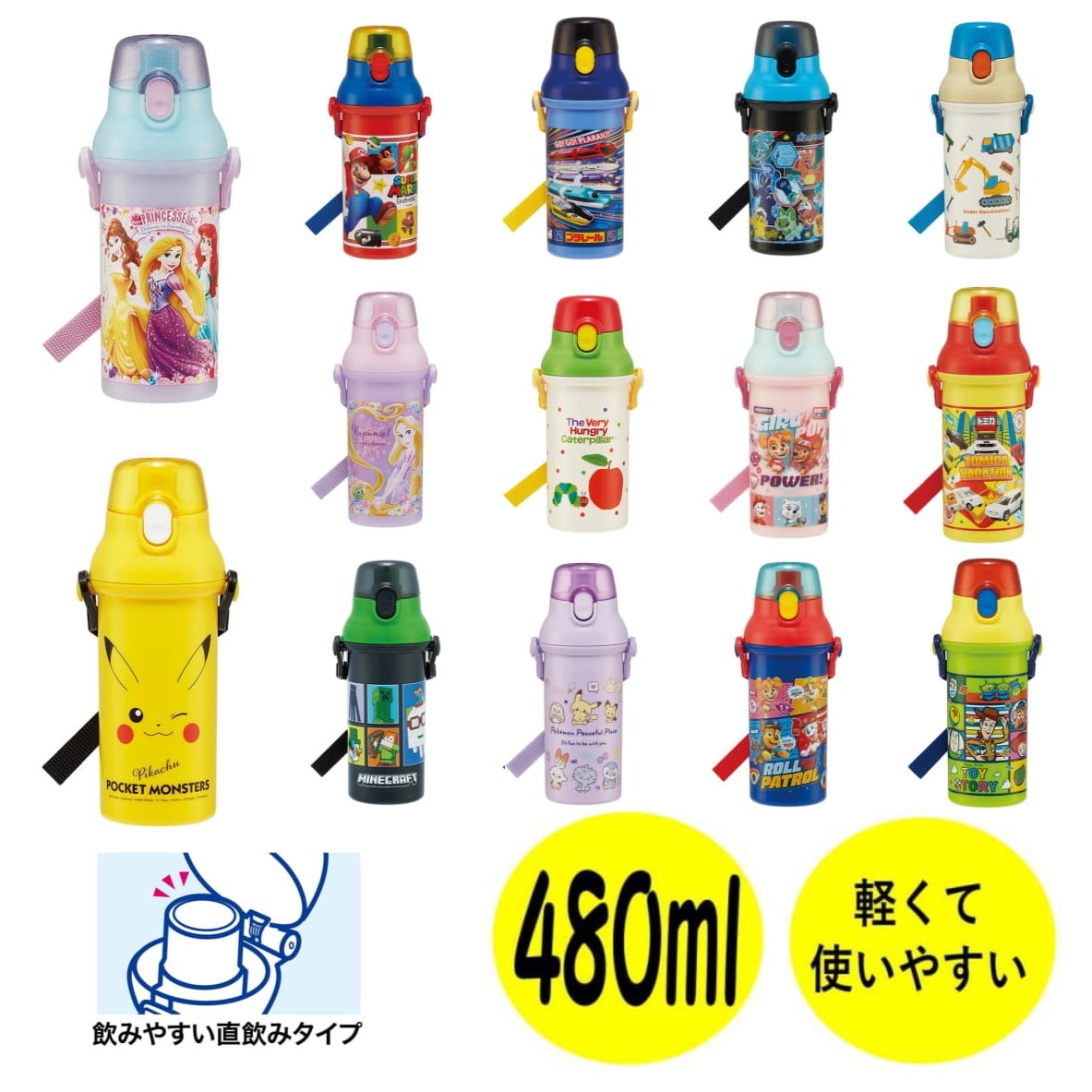 水筒 子供 直飲み プラスチック マグ キッズ キャラクター 水筒 軽量 ワンプッシュ 480ml スケーター ランチグッズ 遠足 保育園 幼稚園 小学校 お弁当 日本製
