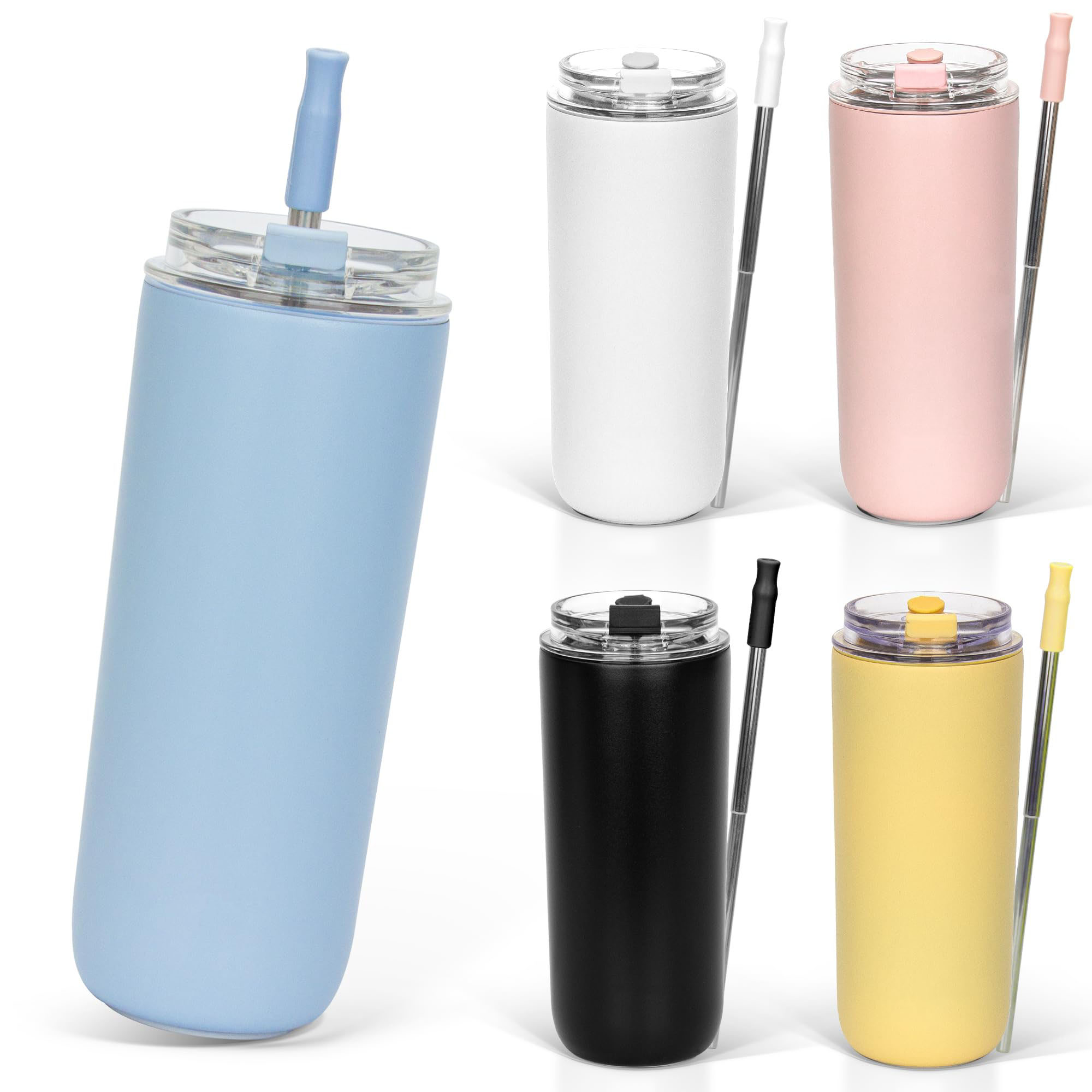 タンブラー 500ml 水筒 可伸縮ストロー付き 直飲み 蓋付き こぼれない 二重構造 保温保冷 持ち運び ア..