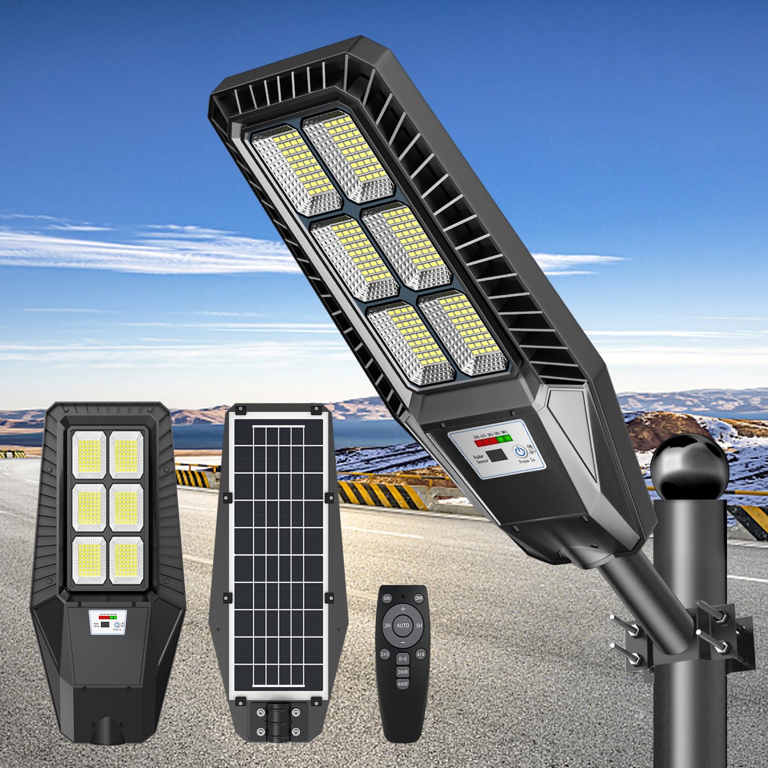 LEDソーラー街灯 屋外 IP66防水 外灯 ソーラーライト 高輝度 10000LM センサーライト 人感・明暗センサー 5パターン点灯モード 点灯時間/明るさ調整 自動点灯/消灯 防犯対策 リモコン付き ソーラー街路灯 太陽発電 8000mAh電池 ガーデン 庭 玄関 駐車場 街路 (1個セット)