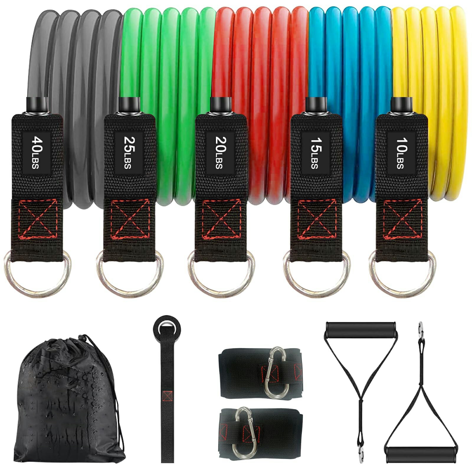 トレーニングチューブ 筋トレグッズ 50kg/110LBS 懸垂 チューブ フィットネスチューブ 天然ゴムチューブ 強度別5本 ドアアンカー 足首バンド ハンドル 収納袋付き 11セット 自宅用