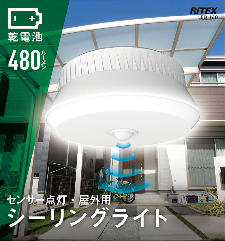 【57％引き】 人感センサーライト 屋外 防犯ライト ムサシ RITEX 屋外用センサーシーリングライト（LED-160） 乾電池式 玄関 ガレージ 照明 防犯グッズ LEDライト